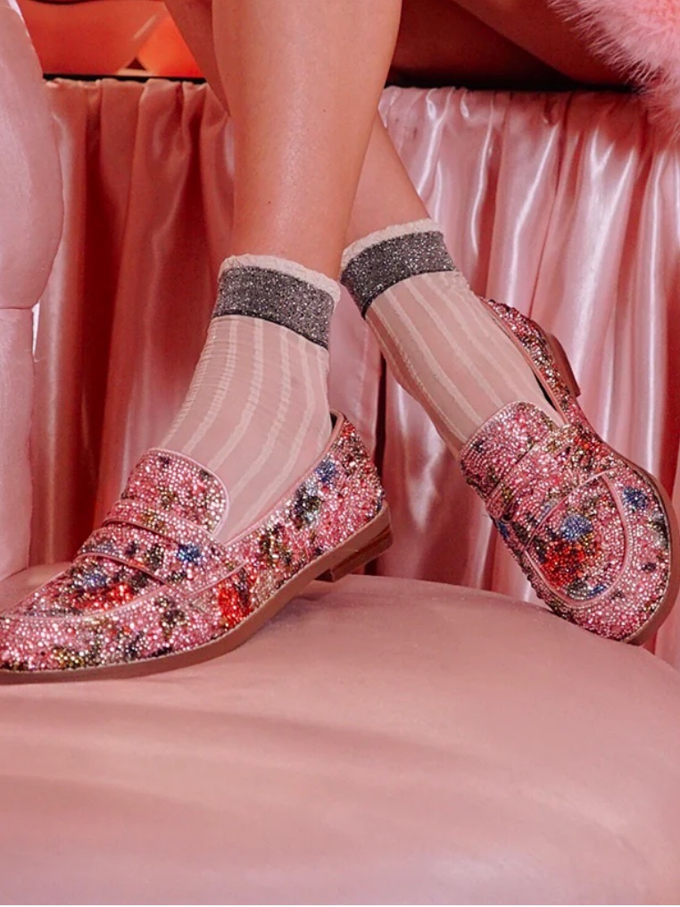 Betsey Johnson Aron Pink Floral Crystal Coquette Maximalist Penny Loafers Shoe 9